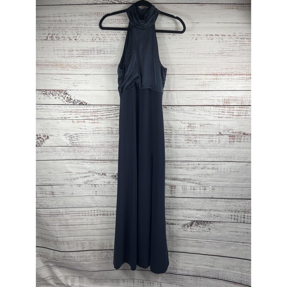 Cinq a Sept Dress Women's 8 Navy Halter Cowl Neck Silk Top Open Back Slit Gown - Picture 2 of 10